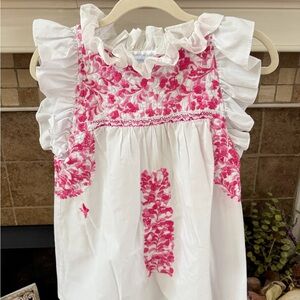 Mi Golondrina Olivia Blouse Hand-Embroidered Ruffle Neck Top Pink white XS